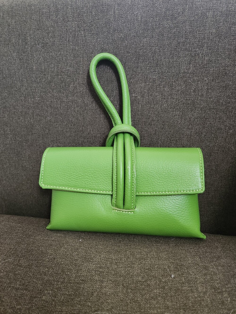 Genuine Italian Leather Green Knot-Handle Wristlet Clutch